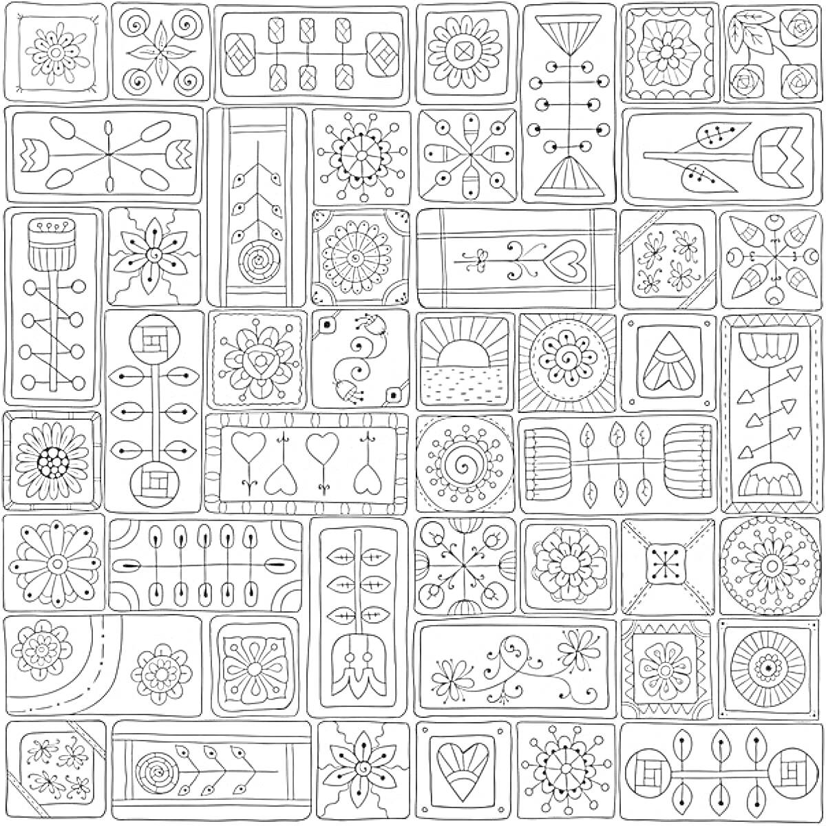 Раскраска Прямоугольные узоры с цветами, завитками и геометрическими элементами