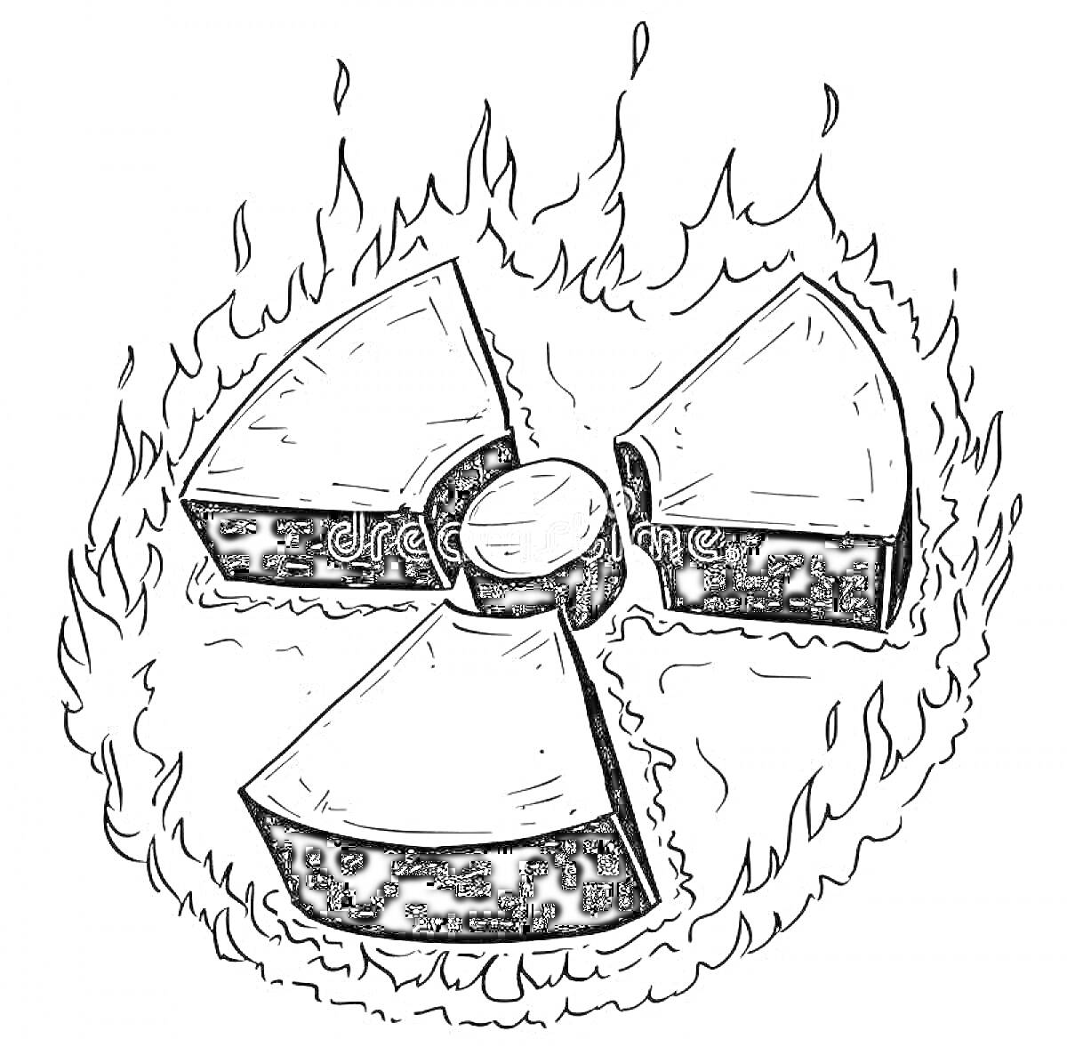 Раскраска Знак радиационной опасности в пламени