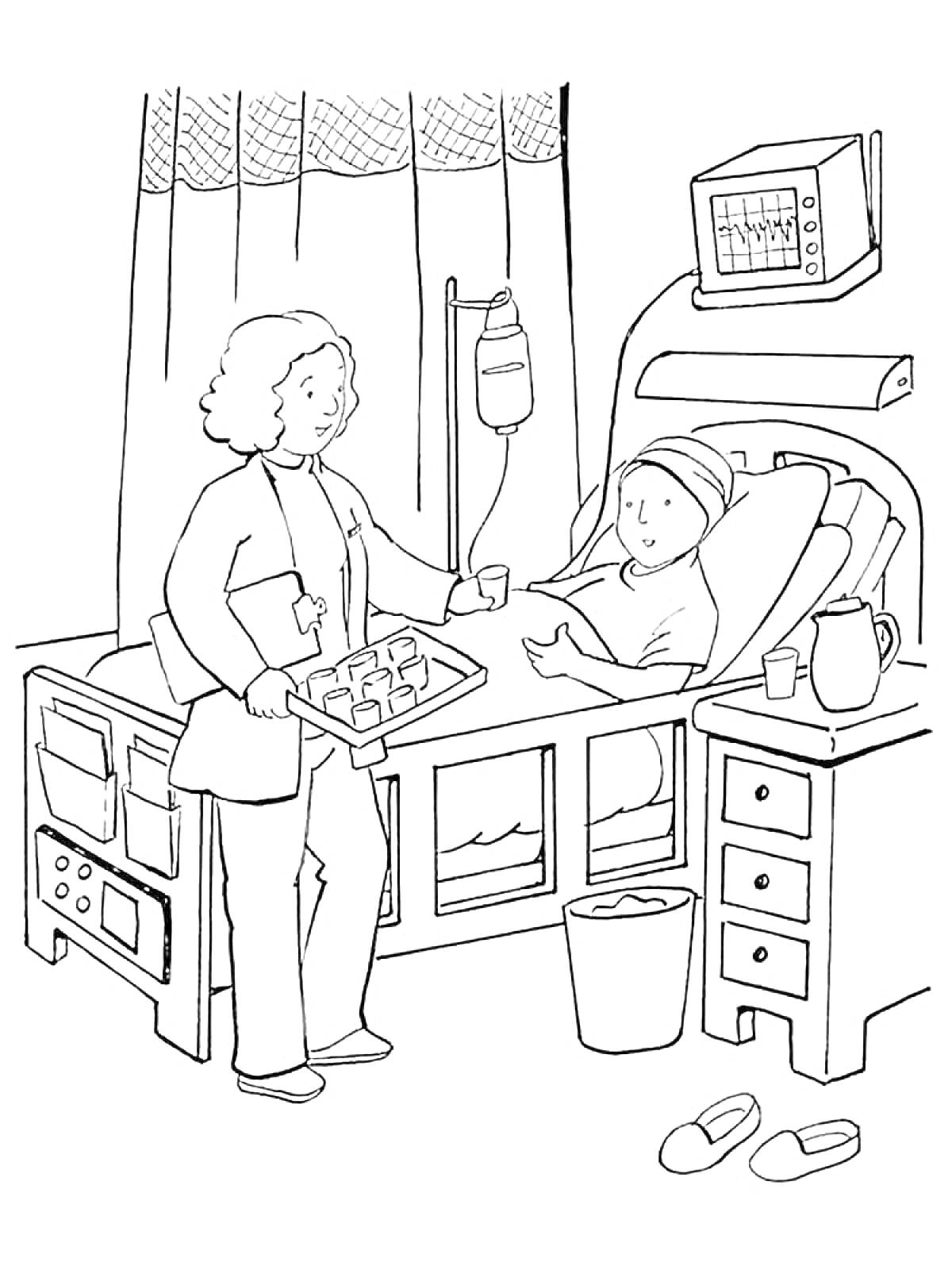 Медсестра ухаживает за пациентом в больнице: койка, капельница, монитор, тумбочка, тапочки, ведро, кувшин и стакан