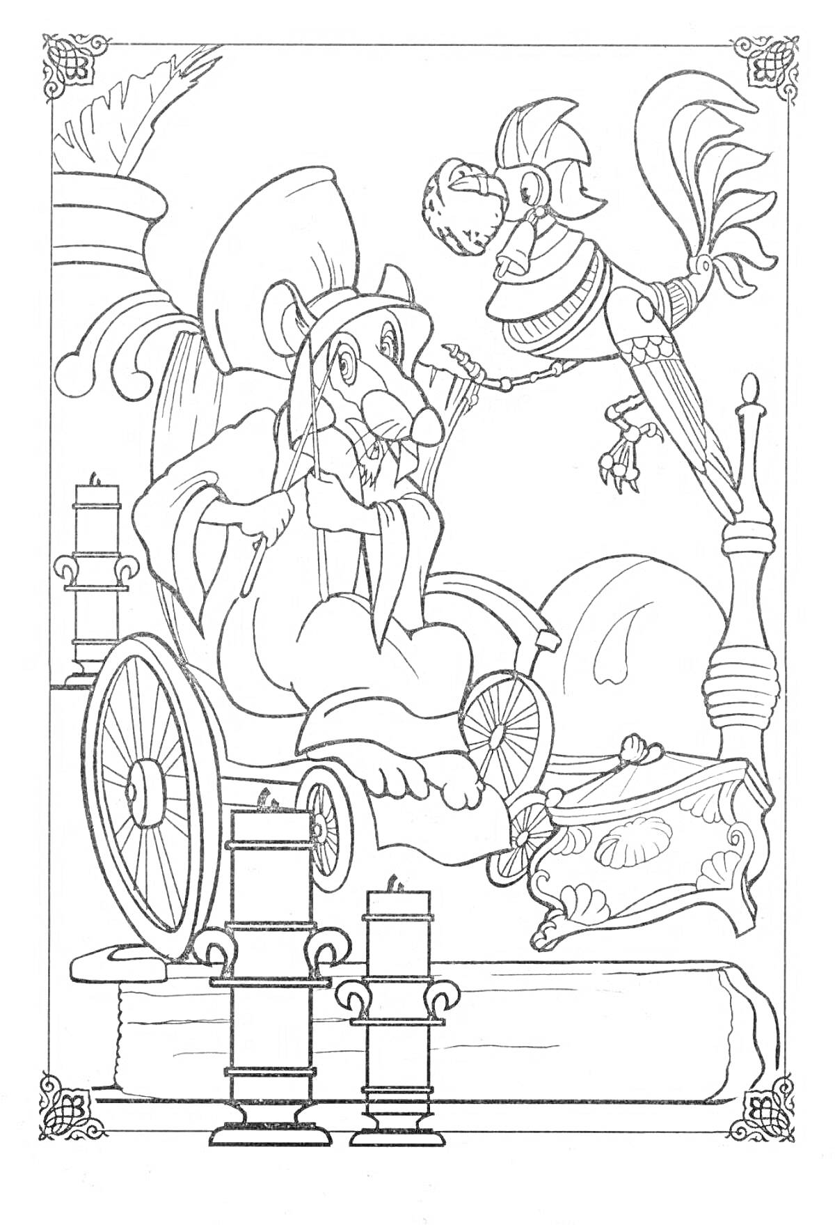 На раскраске изображено: Король, Золотой петушок, Жезл, Свечи, Иллюстрация