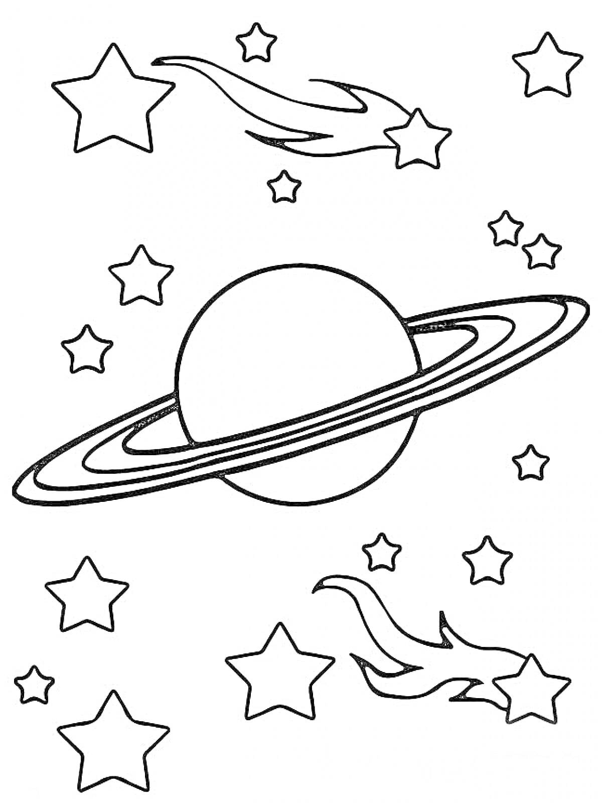 На раскраске изображено: Комета, Звезды, Космос, Астрономия, Планеты, Кольцо
