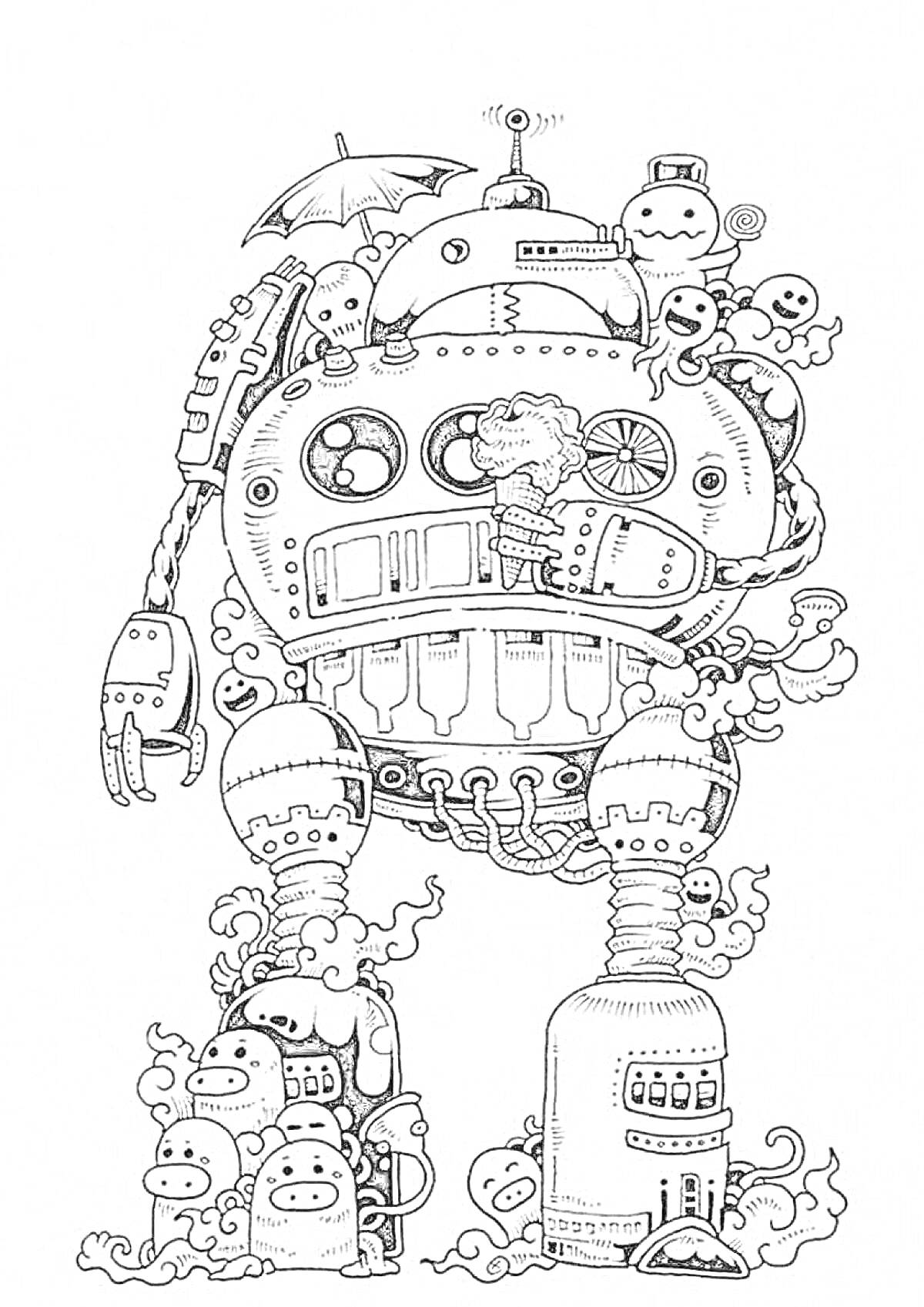 На раскраске изображено: Робот, Антенны, Шестеренки, Зонт, Механизмы, Сложный дизайн