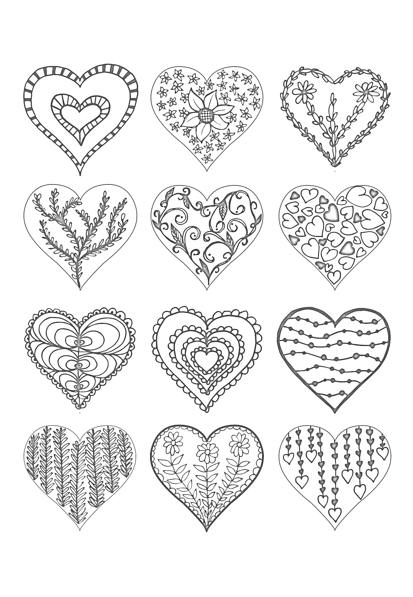 Раскраска Сердца с различными узорами