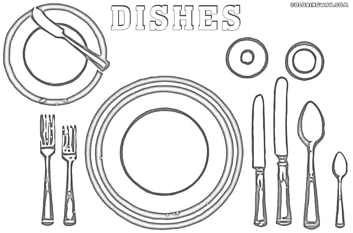 Раскраска Столовая сервировка с тарелками, столовым ножом, вилками, ложками и чашкой
