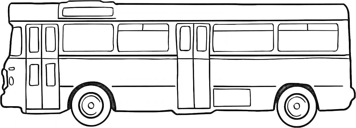 На раскраске изображено: Автобус, Транспорт, Окна, Колеса, Для мальчиков, Дверь