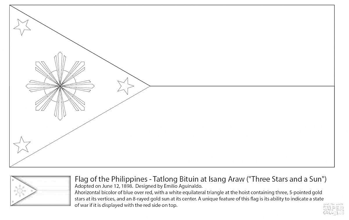 Раскраска Флаг Филиппин (Tatlong Bituin at isang Araw «Три звезды и солнце»)