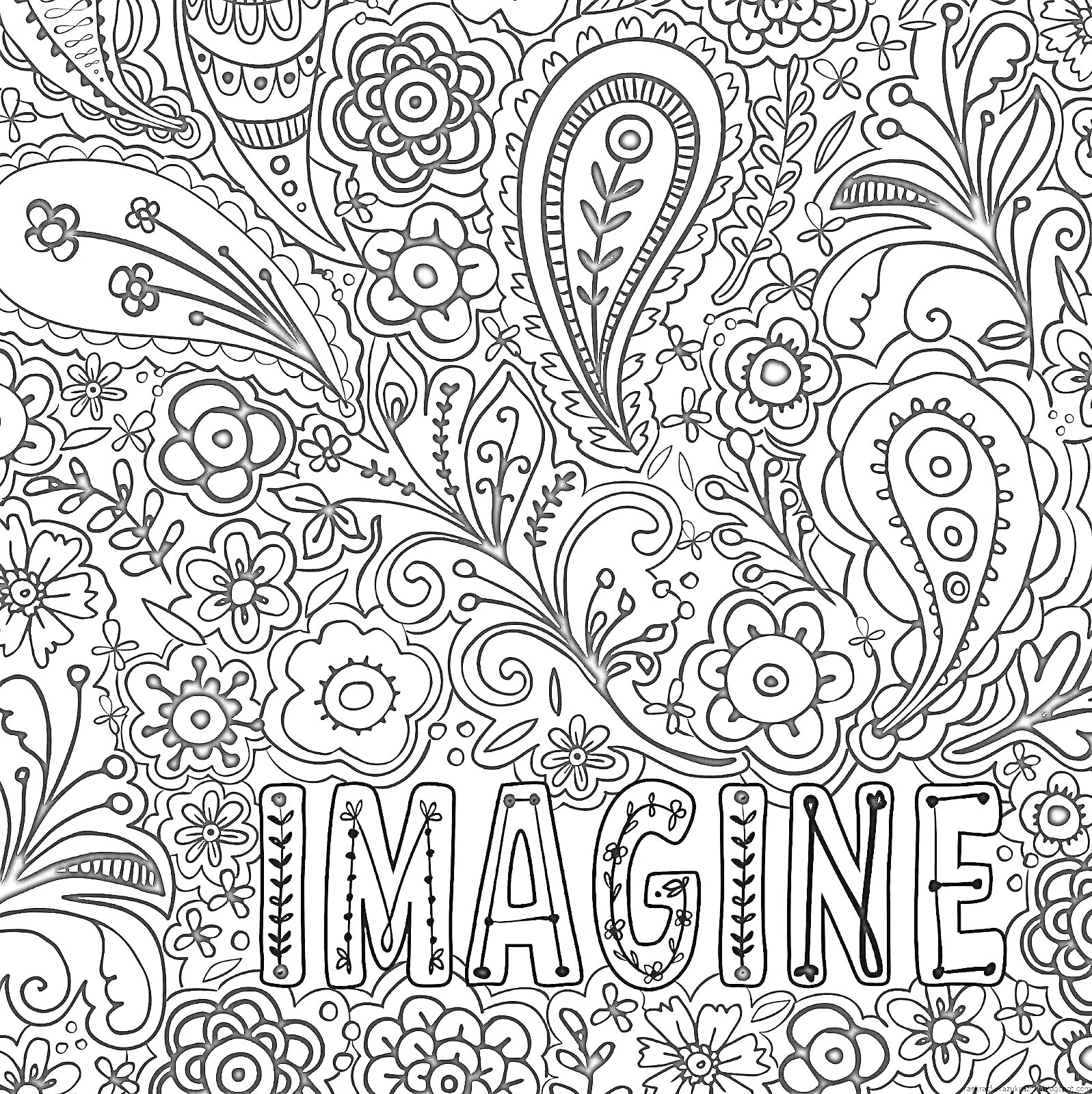 Раскраска надпись IMAGINE в окружении цветов и узоров