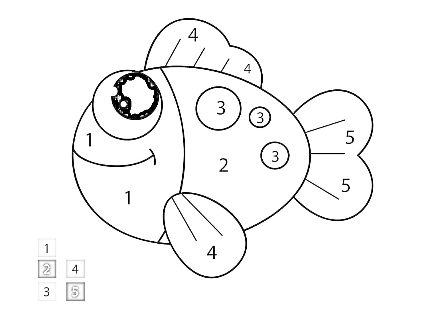 Раскраска раскраска по номерам рыба с большими глазами и номерными сегментами