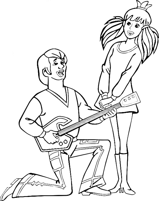 Раскраска Молодой мужчина с гитарой и девушка