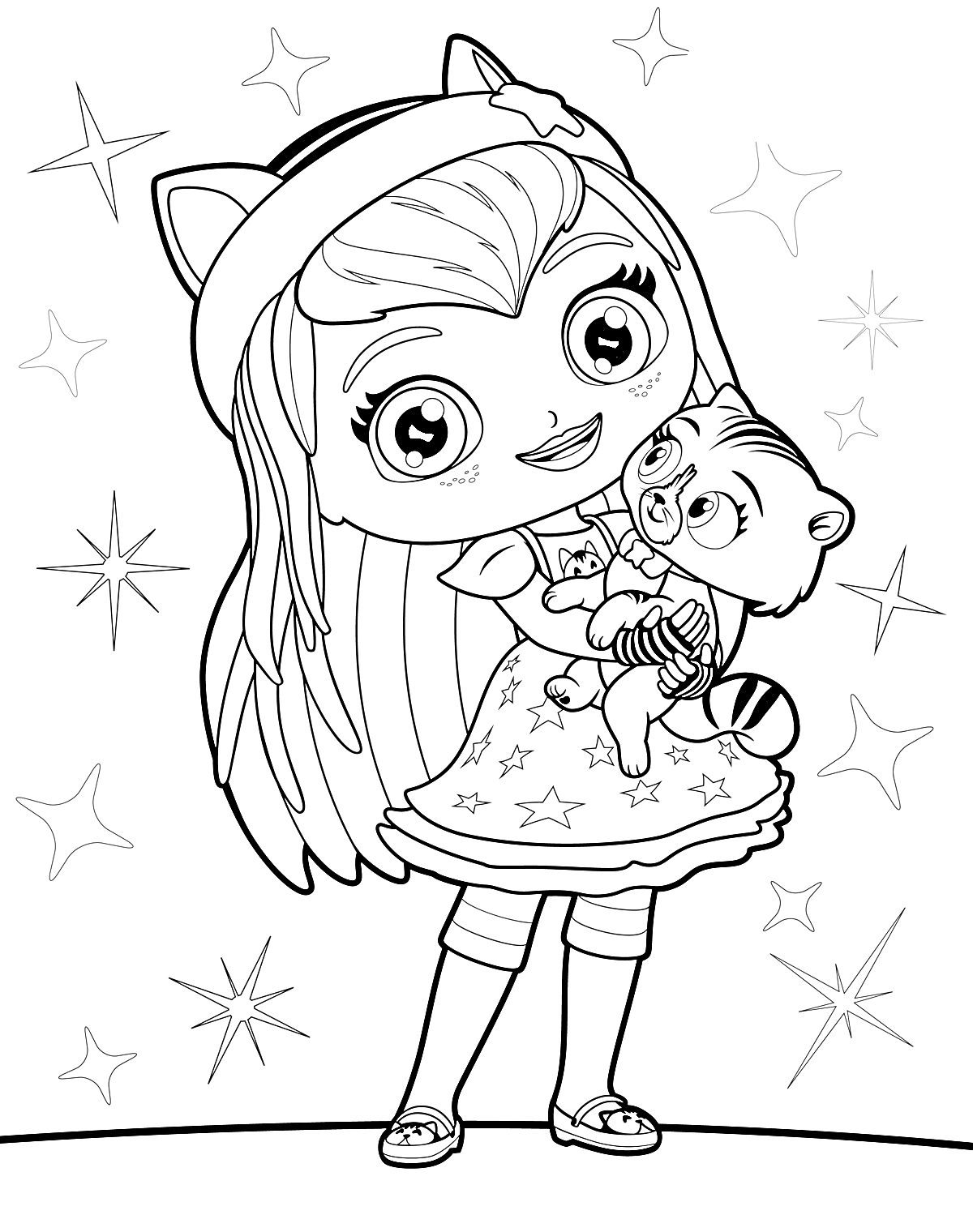 Раскраска Девочка с кошачьими ушками и платьем со звездами, держащая малыша енота, на фоне звезд