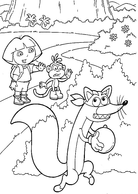 Даша Путешественница, Башмачок и Хитрюга с мячом на лесной тропинке