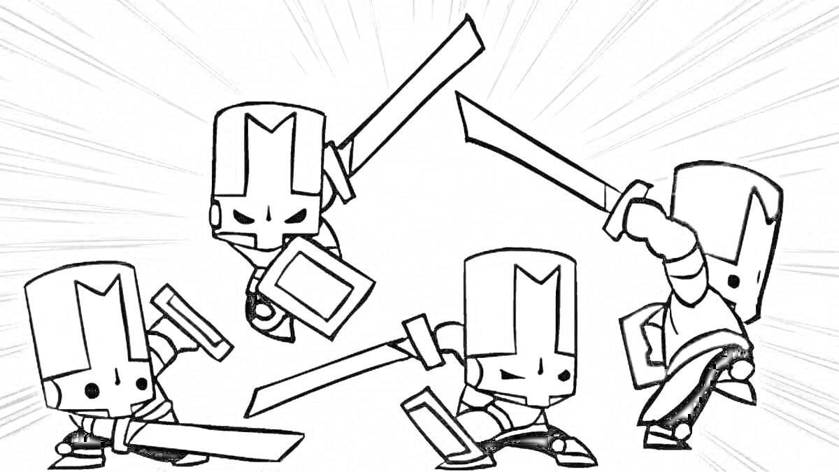 Раскраска Четыре рыцаря с мечами и щитом в атакующих позах из Castle Crashers