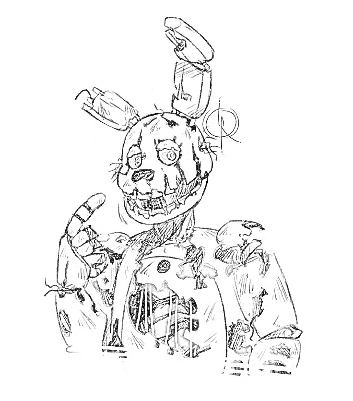 Раскраска Спрингтрап в повреждённом костюме с поднятыми двумя пальцами