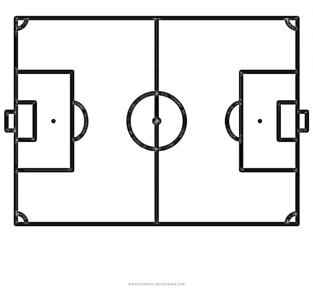 На раскраске изображено: Футбольное поле, Разметка, Ворота, Центральный круг, Спорт