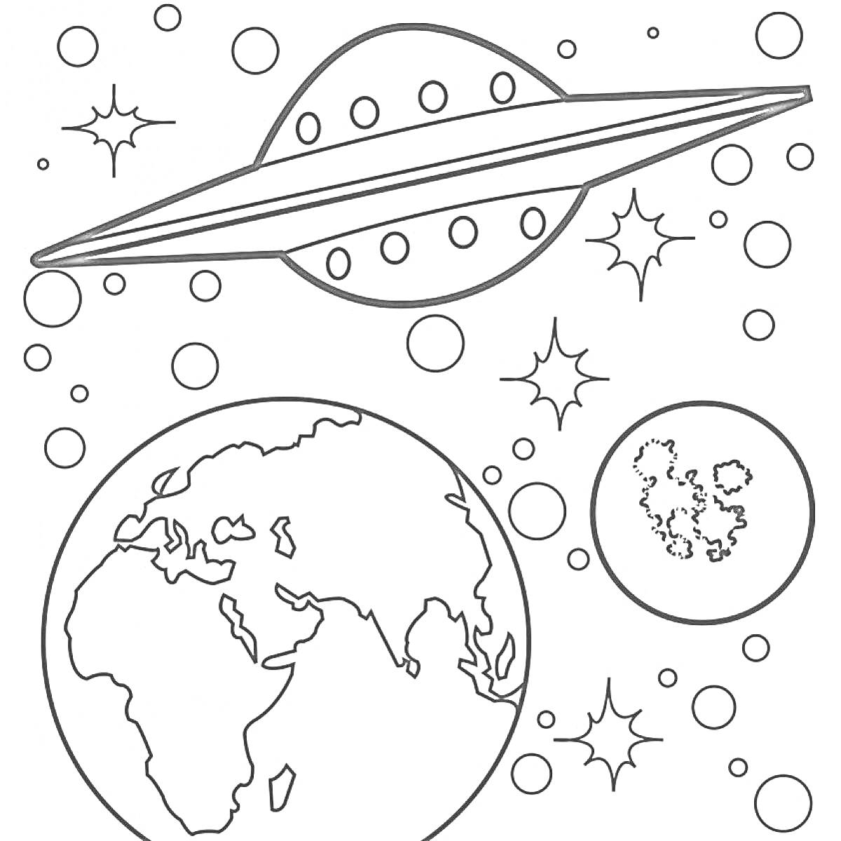 На раскраске изображено: Космос, День космонавтики, Земля, Луна, Звезды, Космонавты, 12 апреля, Планеты, Летающие тарелки