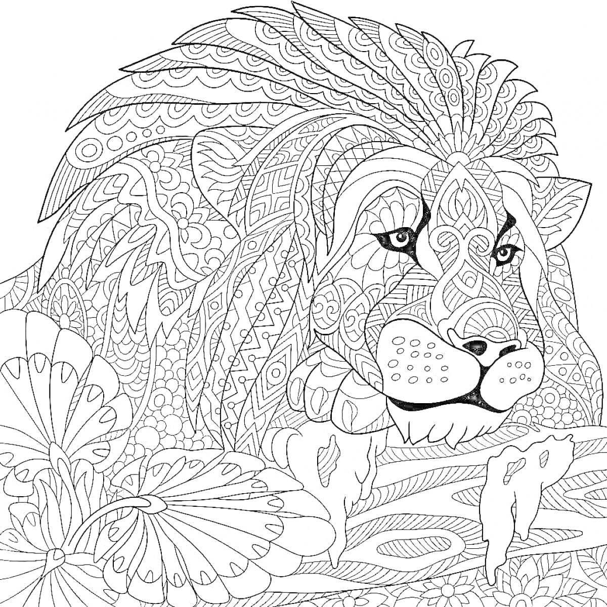 Раскраска Лев среди узоров и листьев