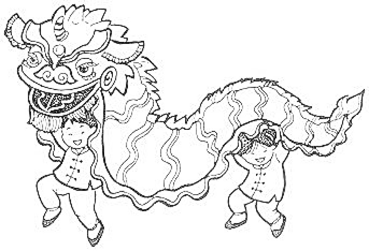 Раскраска Двое детей в традиционной китайской одежде под драконьим костюмом на параде