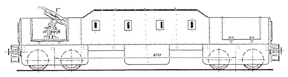 Раскраска Бронепоезд с четырьмя окнами, пушкой, бронированным корпусом и крышей.