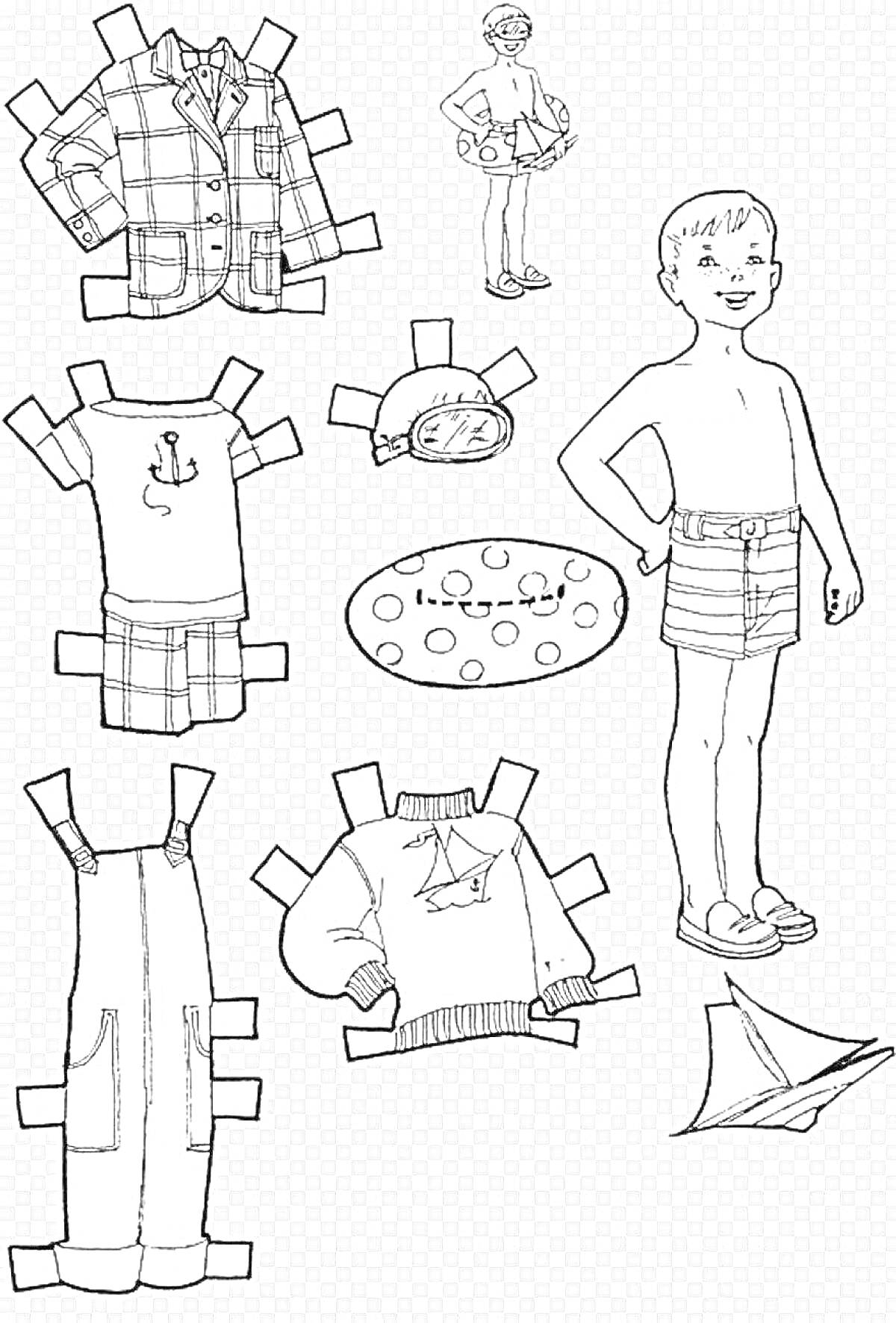 Раскраска Вырезалка для мальчиков с одеждой и аксессуарами (мальчик, пиджак, красный галстук, полосатые часы, свитер, футболка, рубашка, брюки, кроссовки, шапка, воздушный змей, балансир)