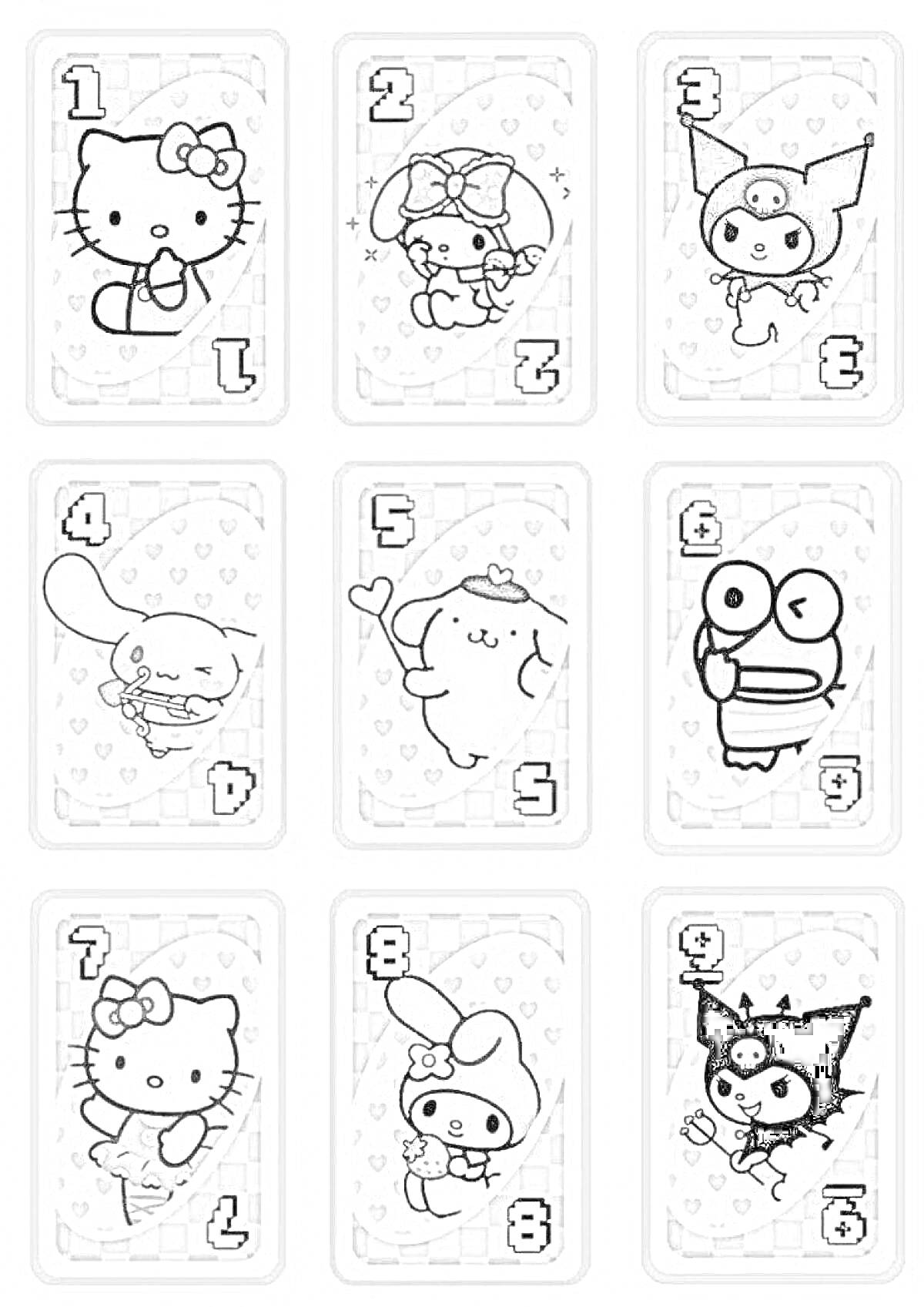 Карты УНО Hello Kitty с персонажами: Hello Kitty (1, 7), My Melody (2, 8), Kuromi (3, 9), Cinnamoroll (4), Kero Kero Keroppi (6), морская звезда с сердцем (5)