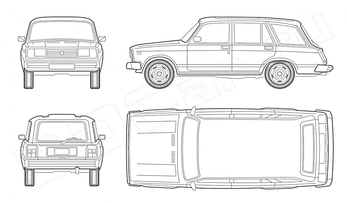 Раскраска Чертеж автомобиля ВАЗ 2104, вид спереди, сзади, сбоку и сверху