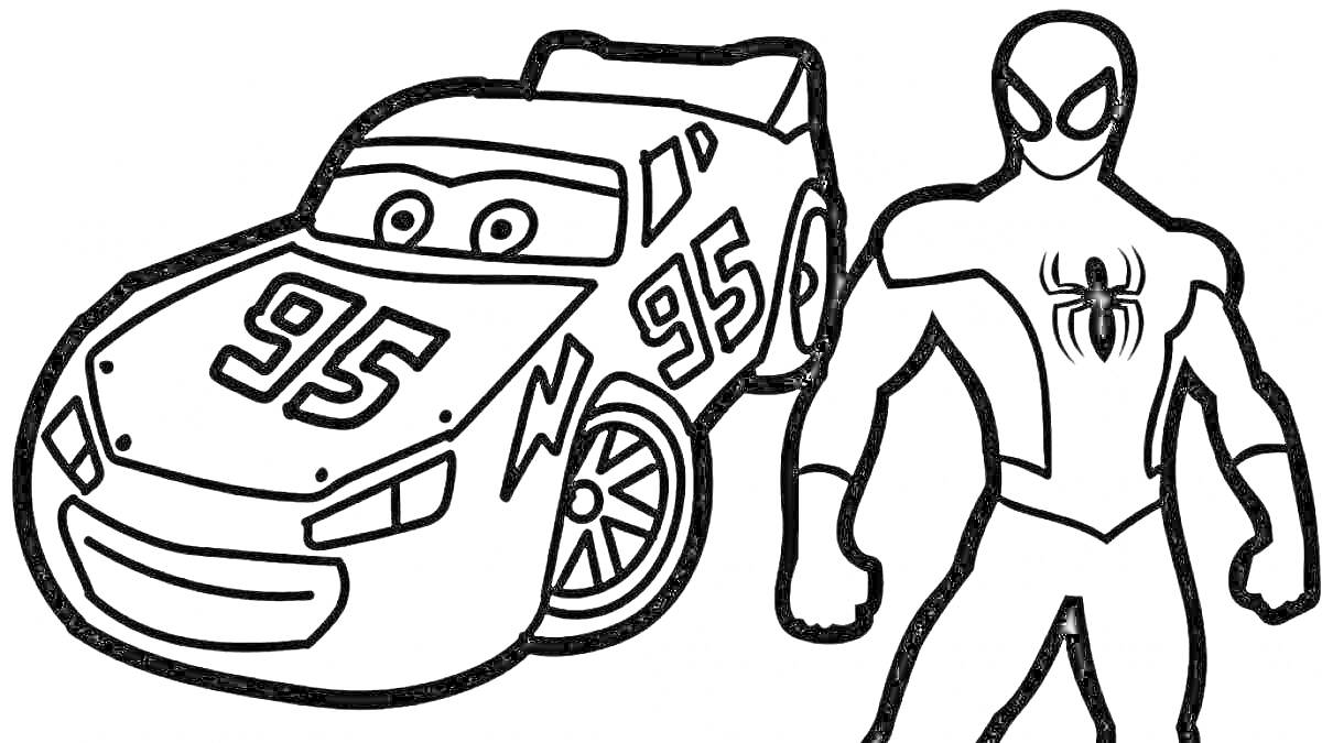 На раскраске изображено: Гонки, Спортивная машина, Для детей, 5 лет, Пауки, Супергерои, Авто