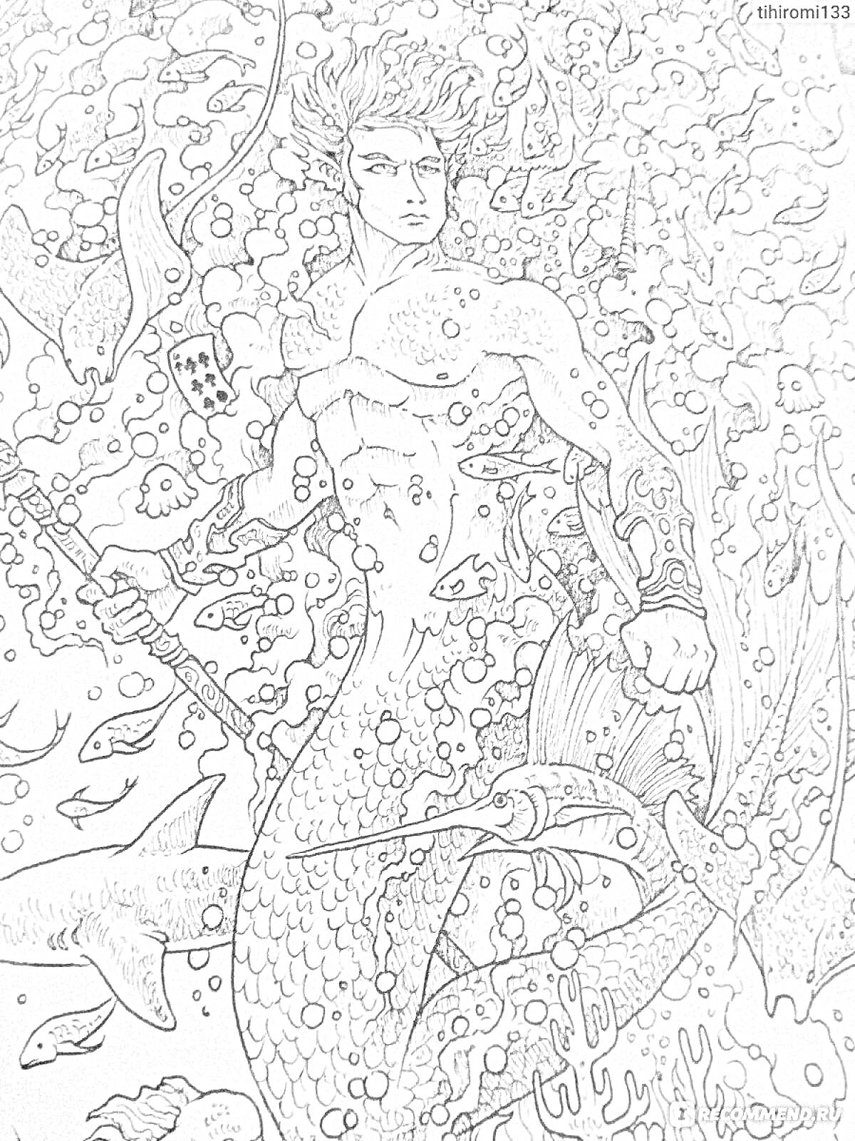 Раскраска Мужчина-Русалка со Жезлом среди Рыб и Водных Вихрей