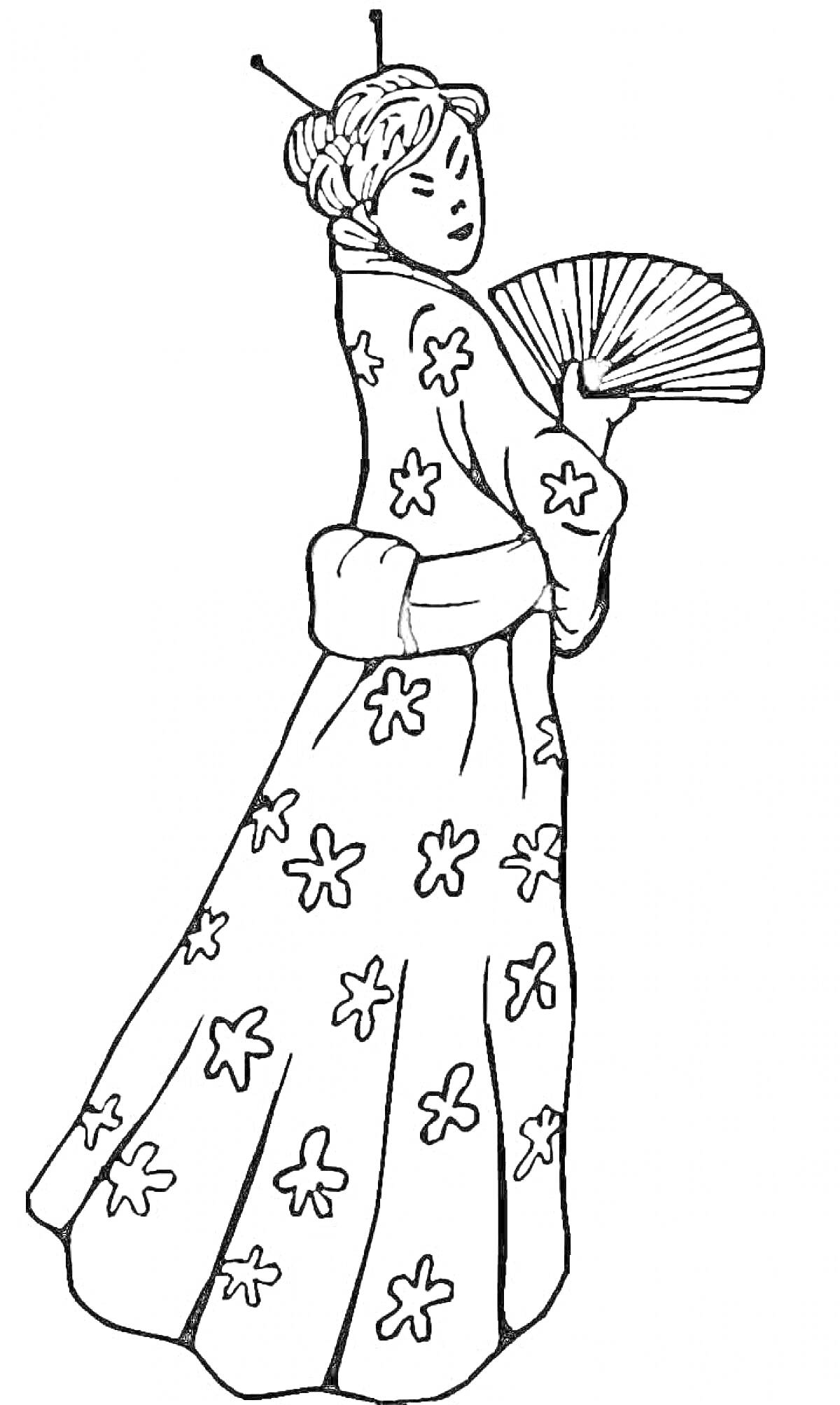 На раскраске изображено: Японка, Кимоно, Веер, Цветочный орнамент, Традиционная одежда, Япония