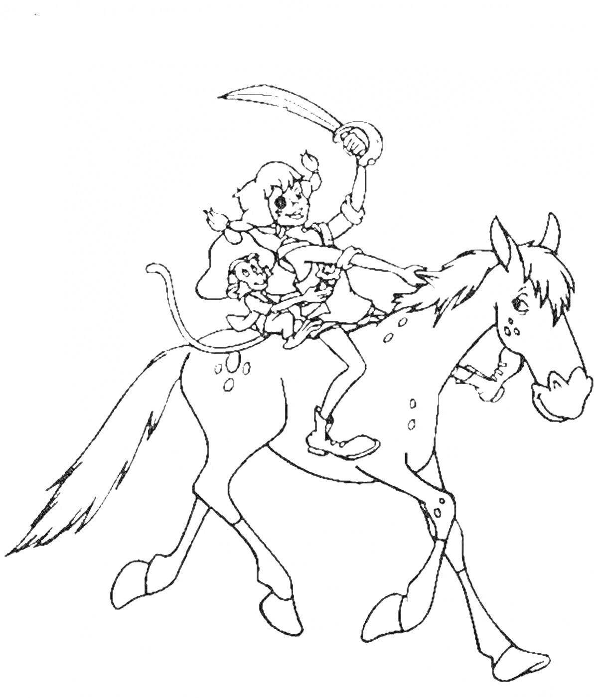 На раскраске изображено: Девочка, Сабля, Лошадь