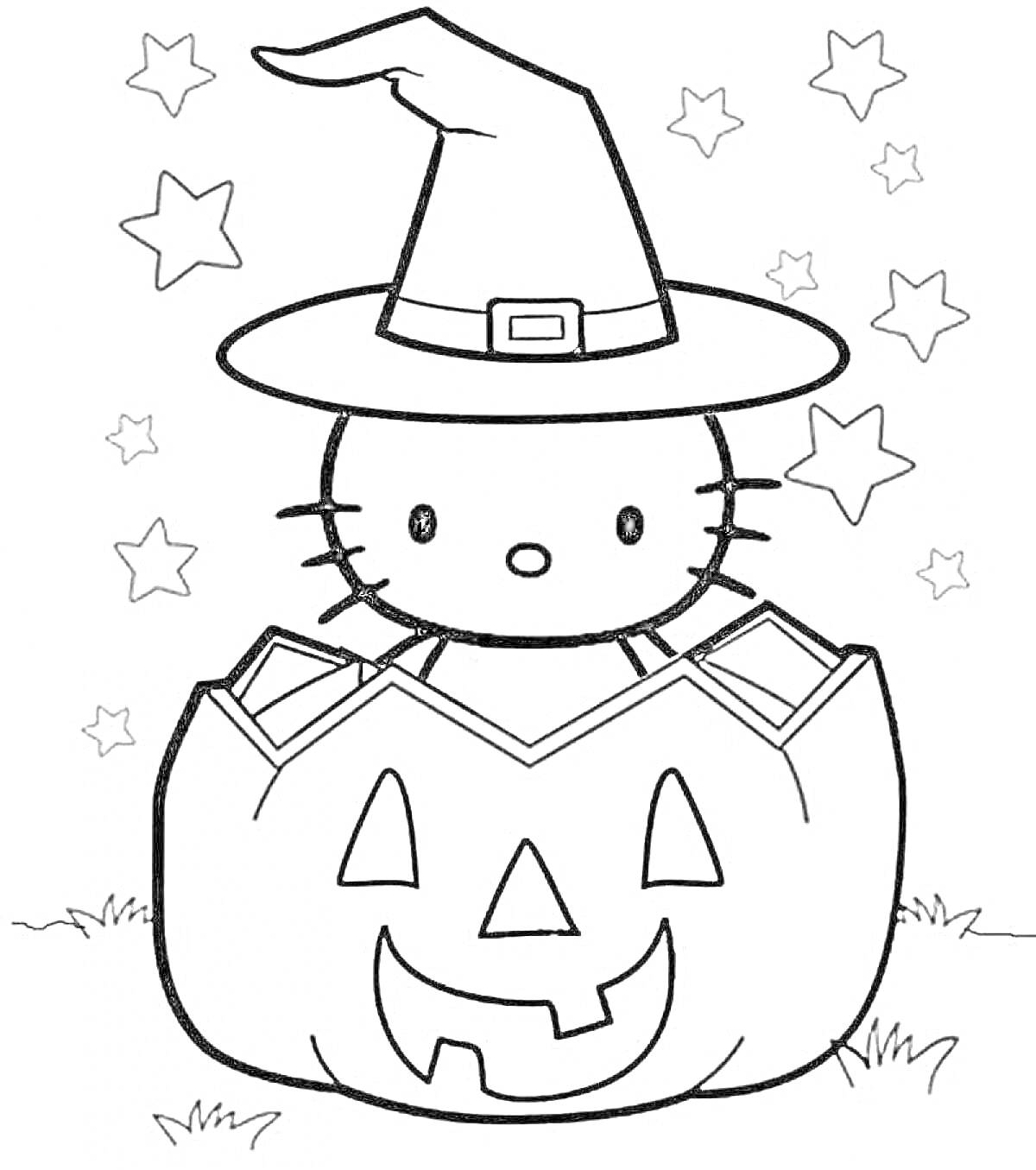 Раскраска Кошка в шляпе ведьмы сидит в тыкве с фонариком, окруженная звездами