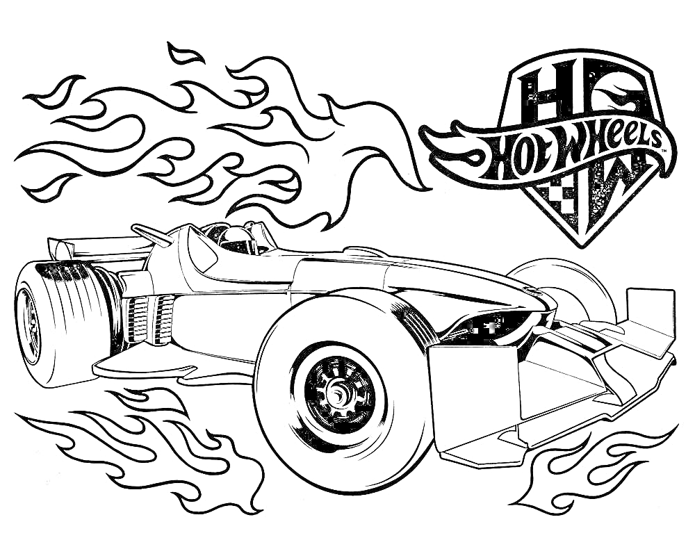 Раскраска Гоночный автомобиль с пламенем и логотипом Hot Wheels