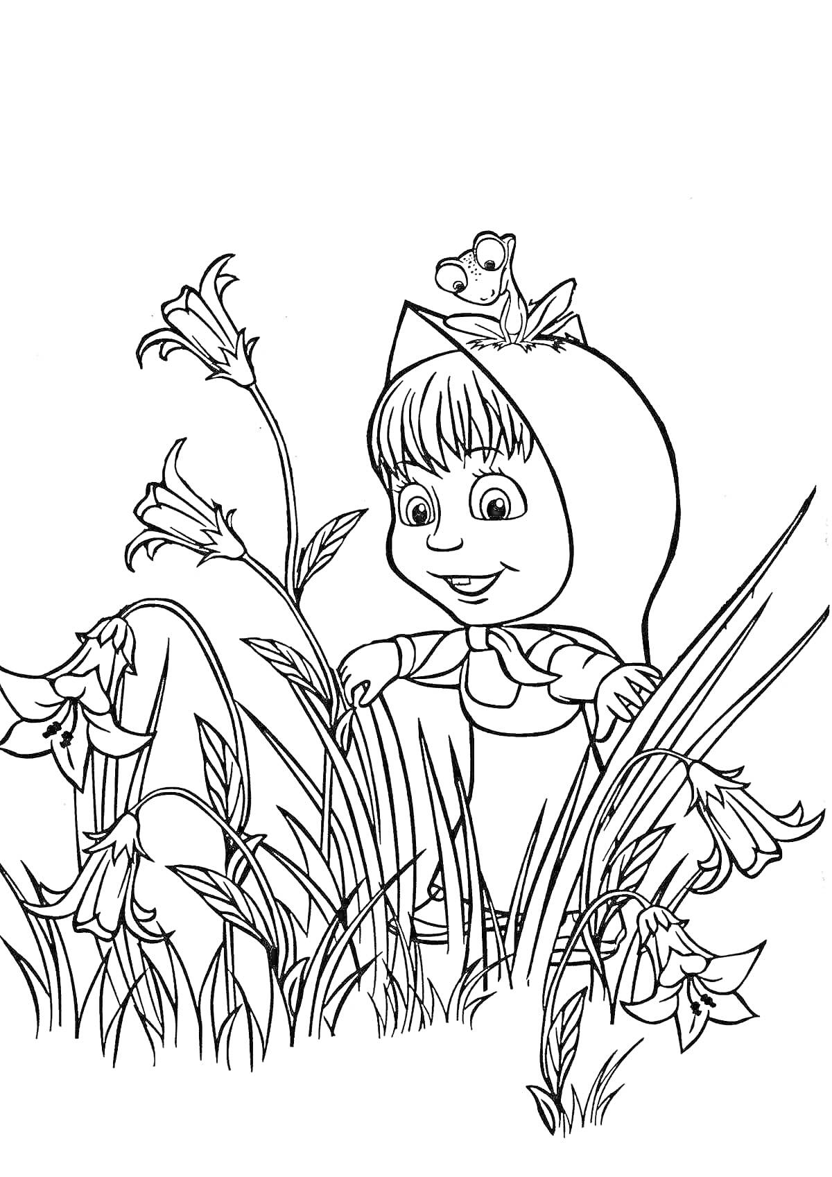 Раскраска Маша в капюшоне, собирающая цветы в высокой траве