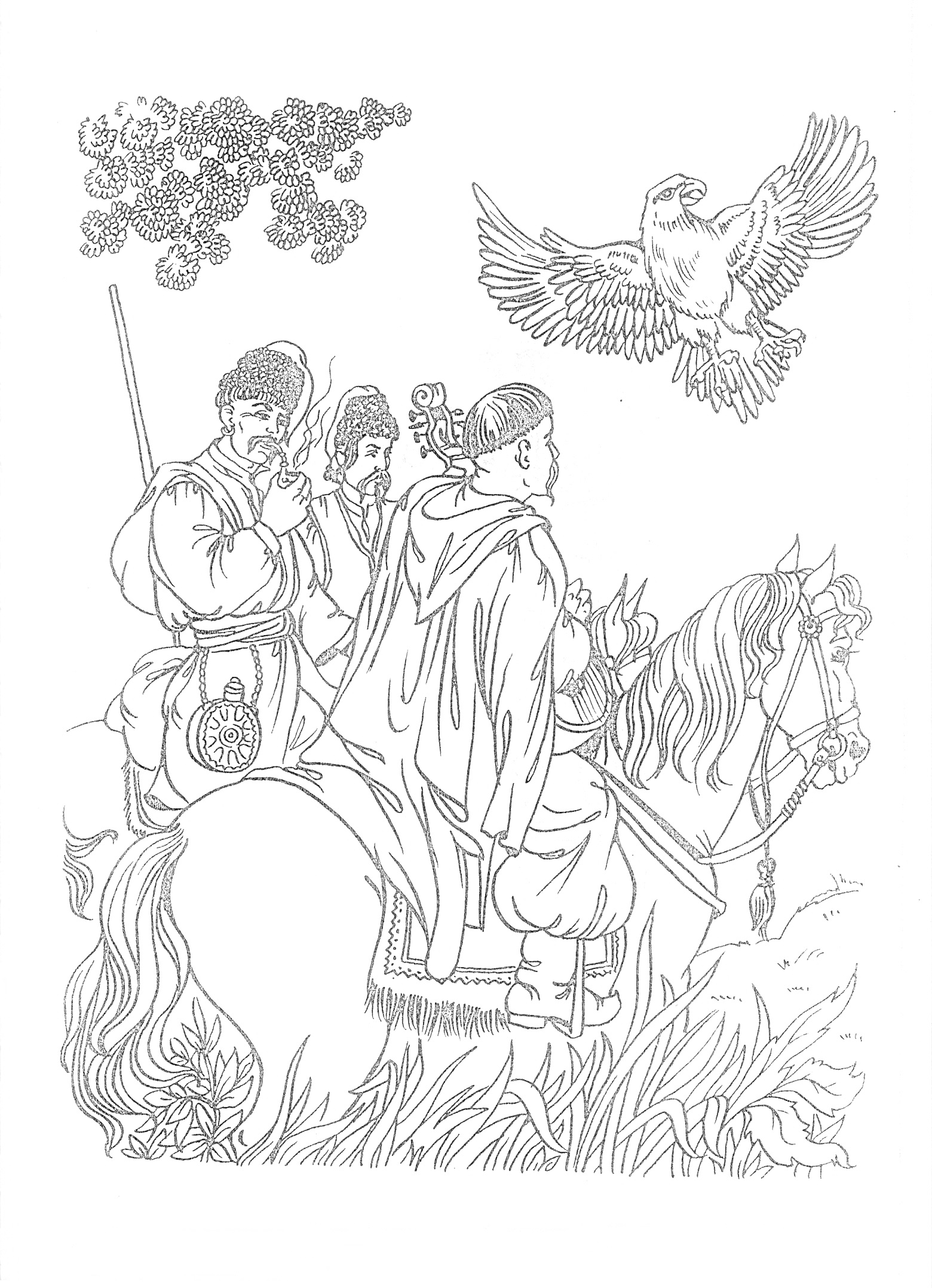 Раскраска Трое казаков, один на лошади, с орлом и облаками на фоне