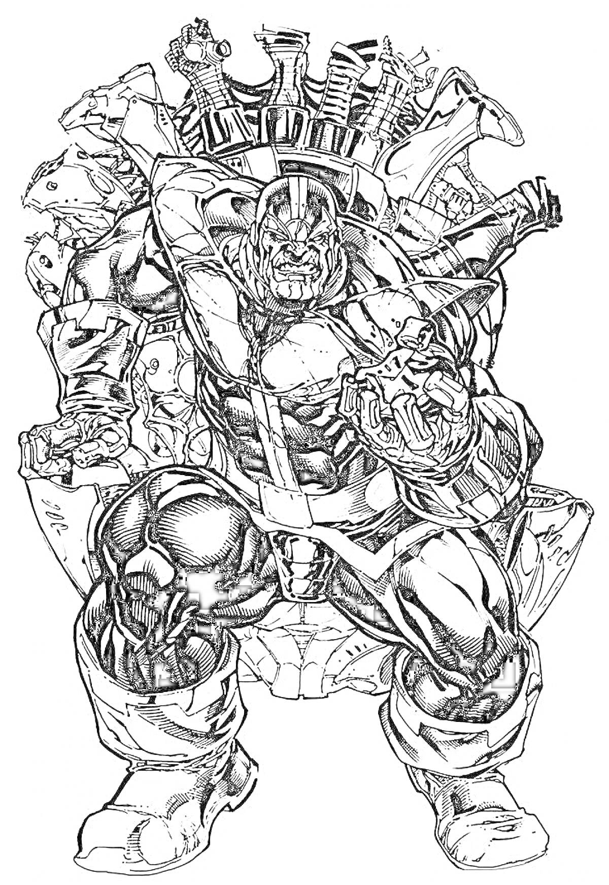 На раскраске изображено: Воин, Броня, Оружие, Суперзлодей