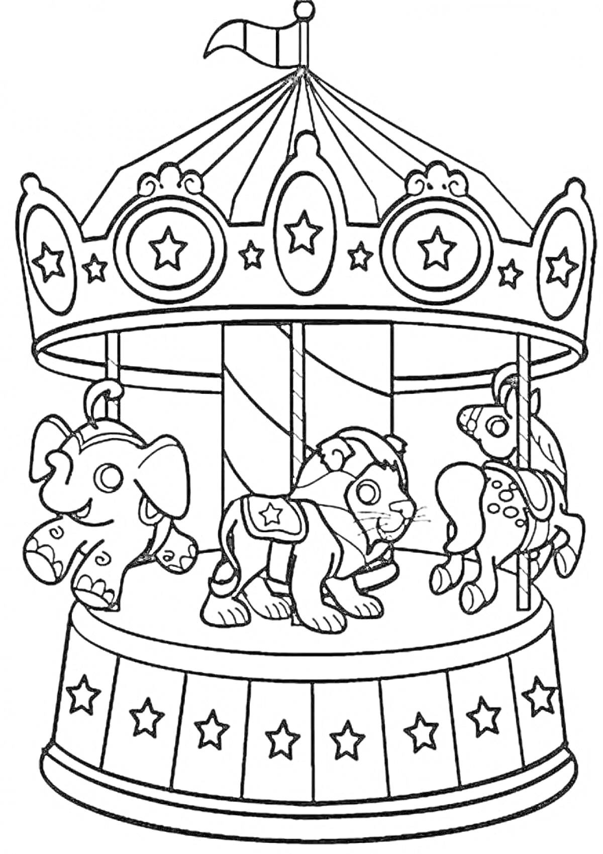 На раскраске изображено: Карусель, Животные, Слон, Лев, Лошадь, Звезды, Цирк, Аттракцион, Мультяшные животные