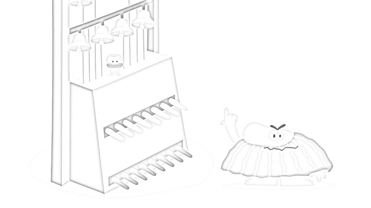 Раскраска Синий персонаж в оранжевой бороде у музыкального инструмента с колокольчиками