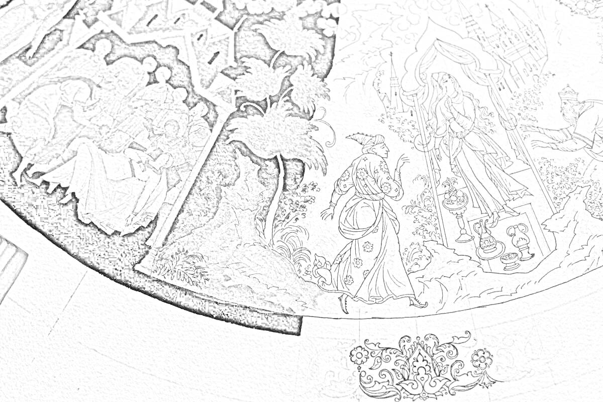 На раскраске изображено: Лаковая миниатюра, Деревья, Традиционные наряды, Искусство, Узоры, Народное творчество, Контурные рисунки