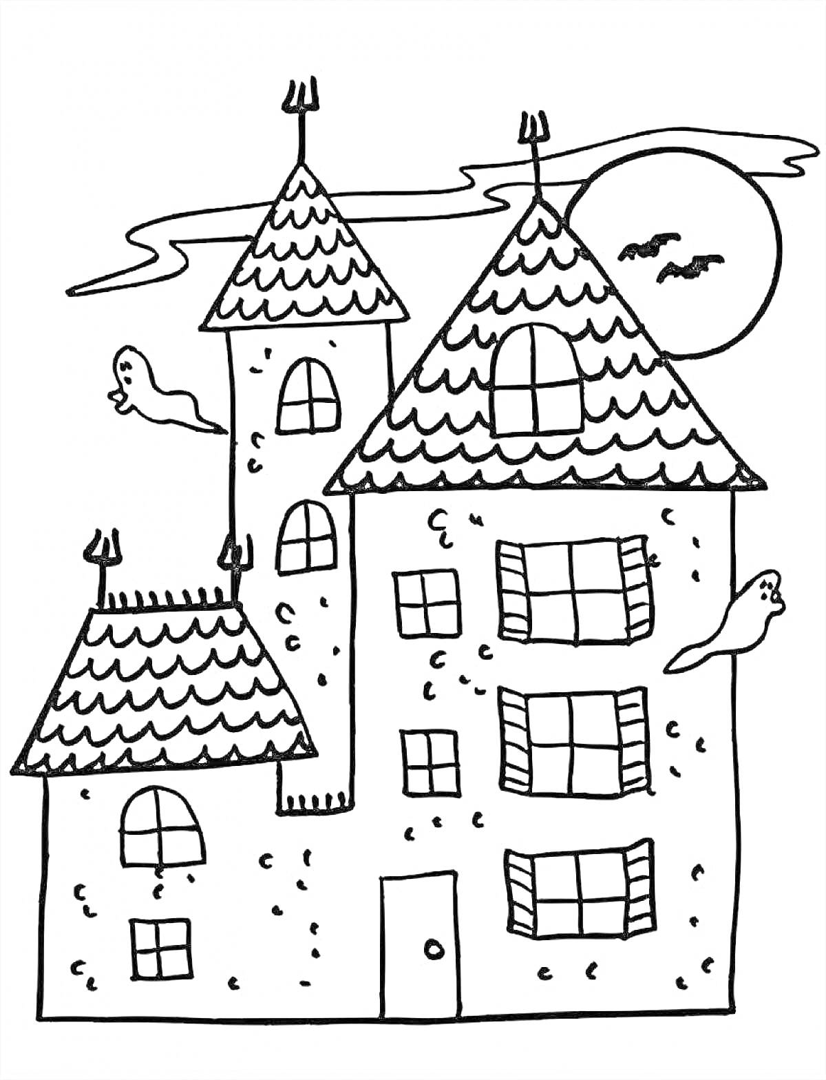 На раскраске изображено: Домик, Привидения, Луна, Крыша, Окна, Для детей, Хэллоуин