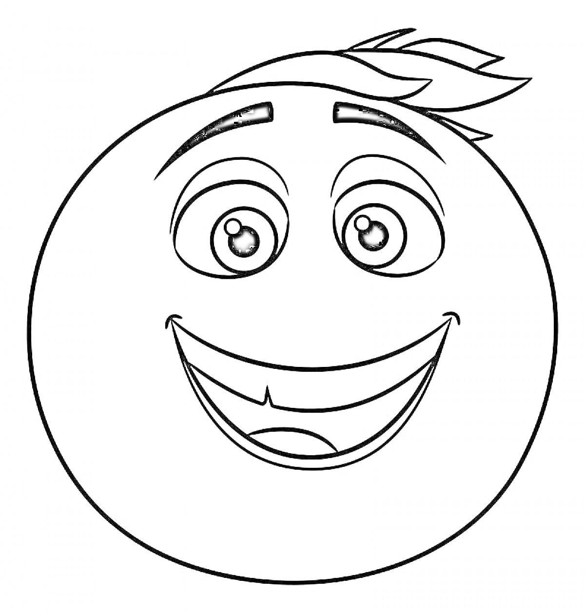 Раскраска Смайлик с улыбкой и хохолком. На картинке изображен круглый смайлик с широким улыбчивым ртом, двумя большими глазами и небольшим хохолком на голове.