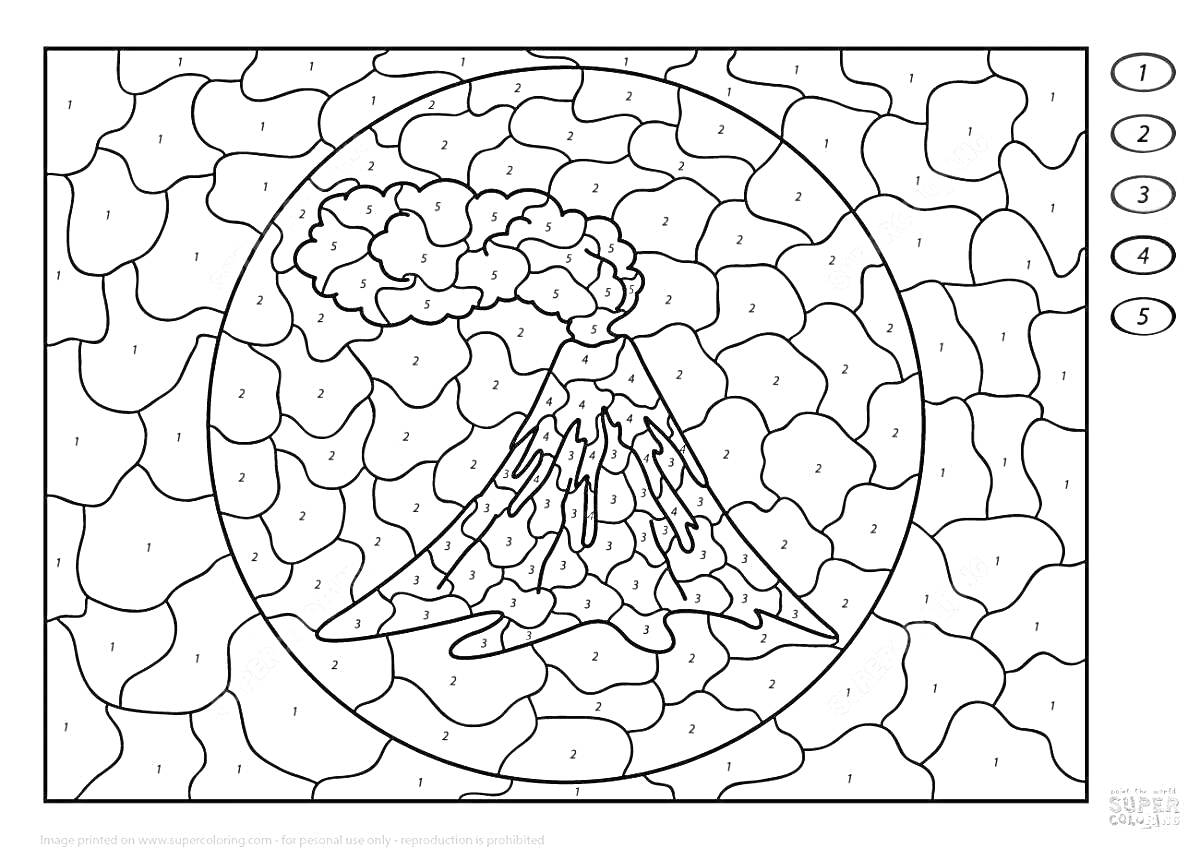 Раскраска Вулкан в окружении облаков и дымы в круге