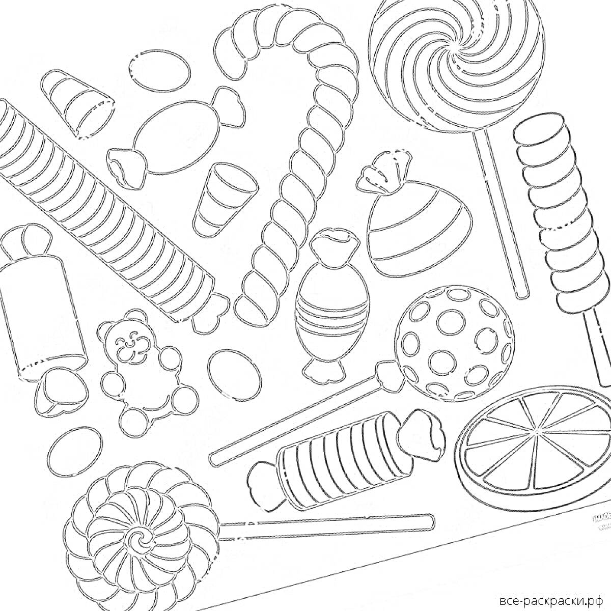 На раскраске изображено: Мармеладки, Леденцы, Конфеты, Сладости, Карамель, Палочка, Вкусняшки