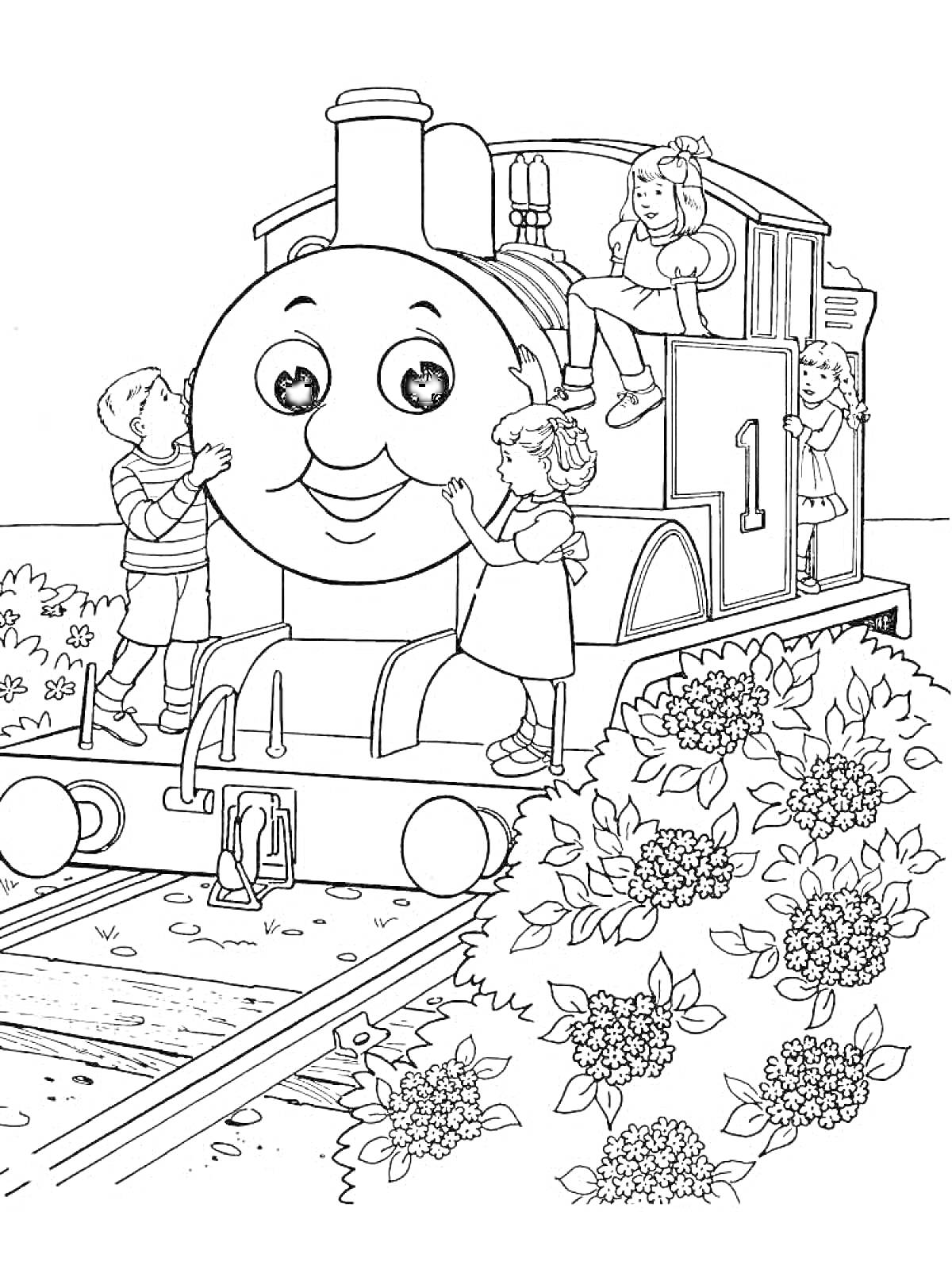 Раскраска Паровозик Томас с детьми на железнодорожных путях рядом с цветущими кустами