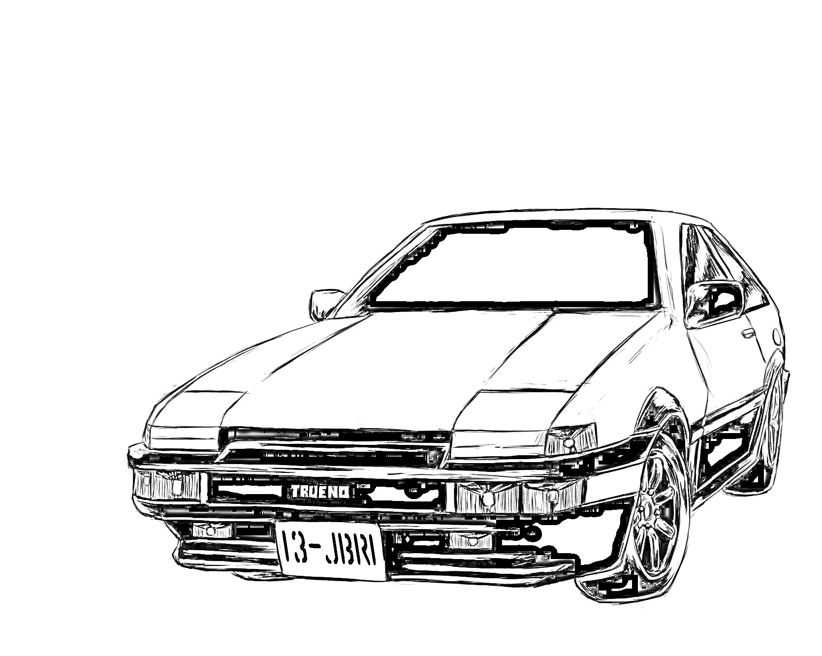 Раскраска Рисунок спортивного автомобиля Toyota AE86 с большими колесами и номерным знаком 