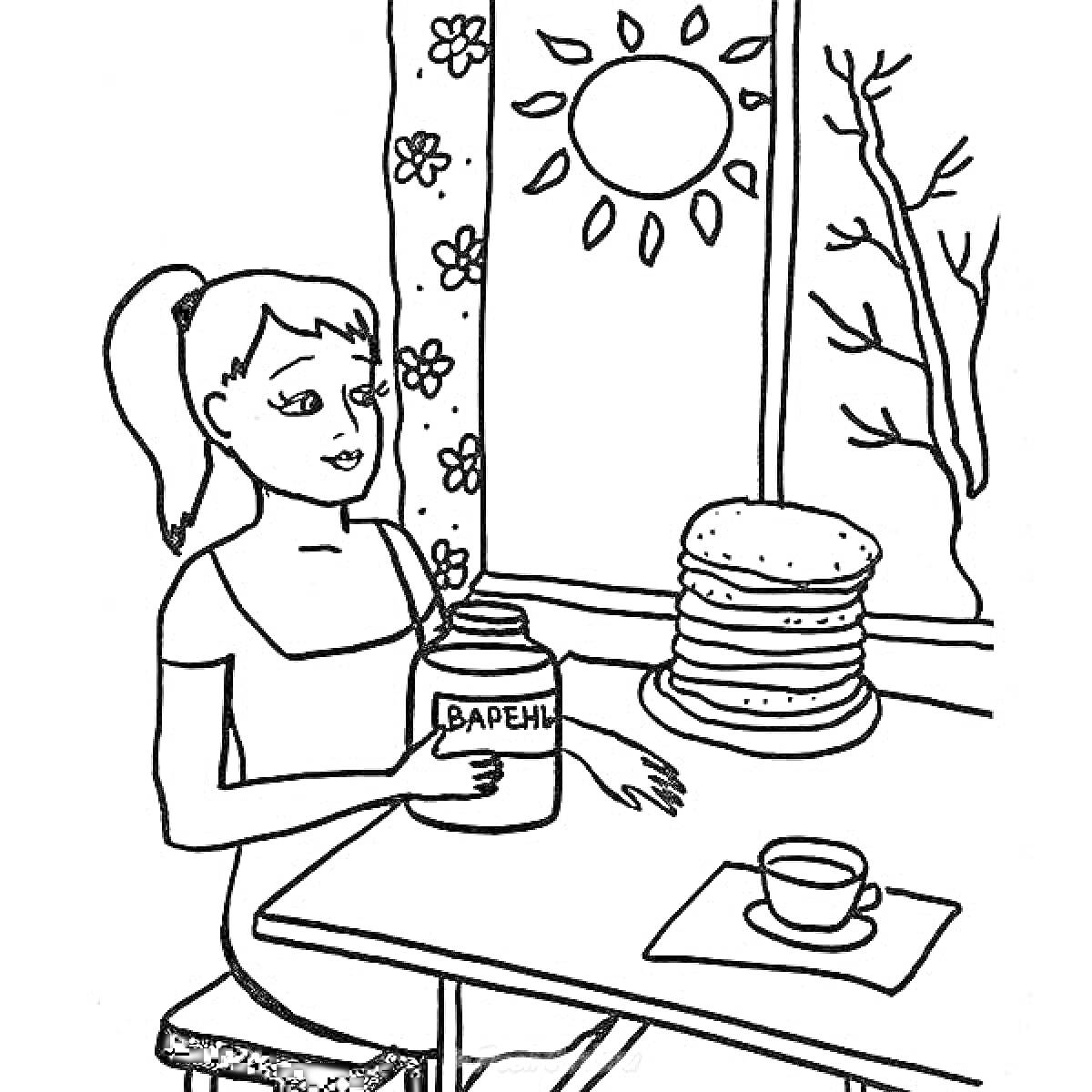Женщина за столом с вареньем, стопкой блинов и чашкой чая на фоне окна с зимним пейзажем и солнцем
