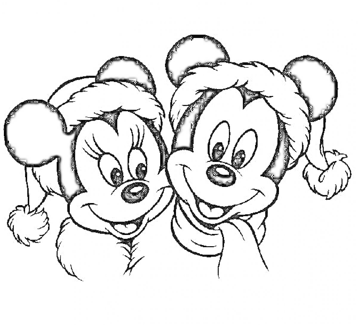 Раскраска Микки Маус и Минни Маус в зимних шапках со снежинками