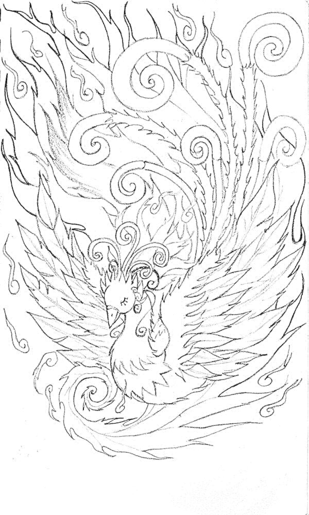 Раскраска Феникс с распростертыми крыльями на фоне огненных завитков и пламени