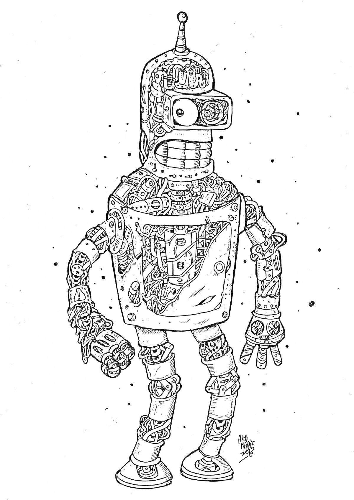 Раскраска Раскраска робота Бендера с детализированными частями корпуса, руками, ногами и антеннкой
