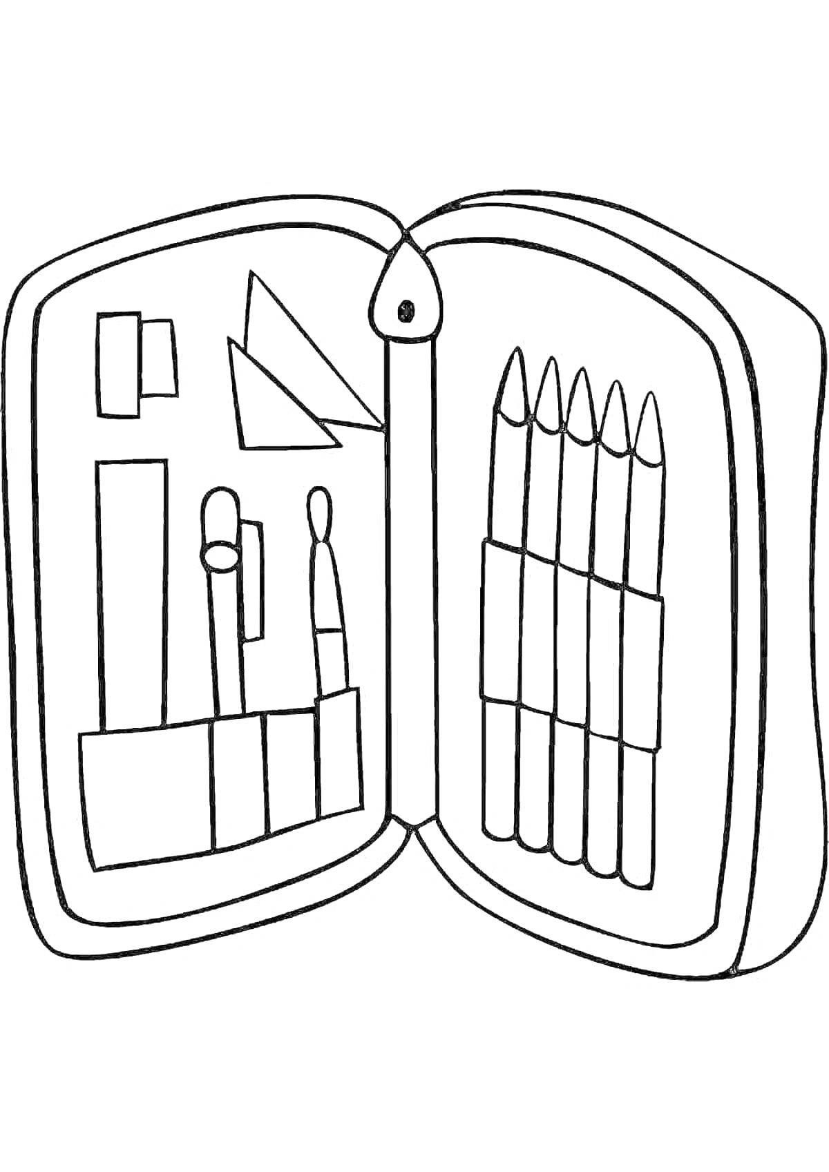 Раскраска Пенал с карандашами, линейкой, резинкой, парой ручек, угольником и маркером
