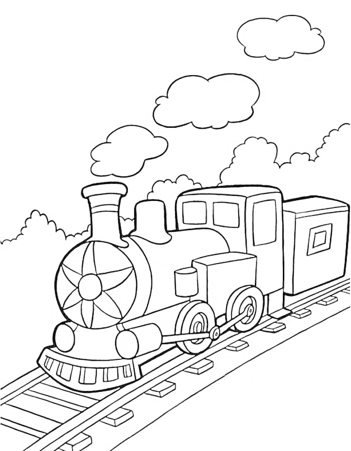 Раскраска Паровоз на железной дороге с дымом и облаками на фоне дерева