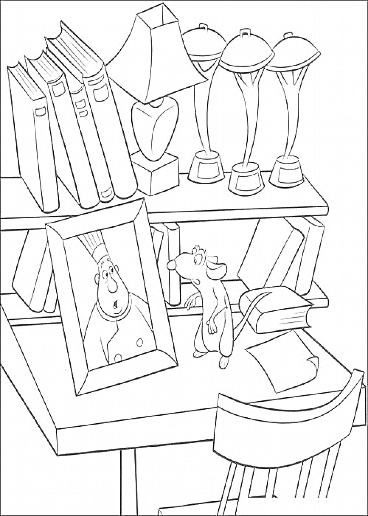Раскраска Стол с полками, на котором находятся книги, настольная лампа, фотография человека, фигурка мыши, три настольные лампы, стул